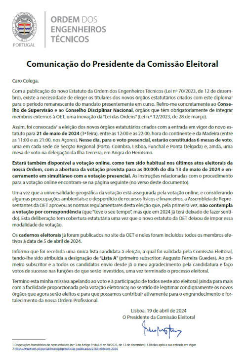 Comunicação Presidente Comissão Eleitoral